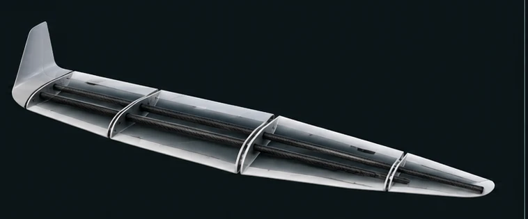 Ala del H-WING montada, con el larguero de carbono atravesando todos los tramos